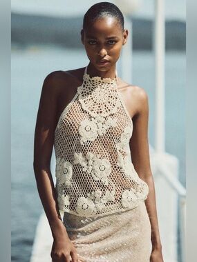 Zara Boho Ecru Floral Cotton Crochet Halter Strappy‎ Top Size S